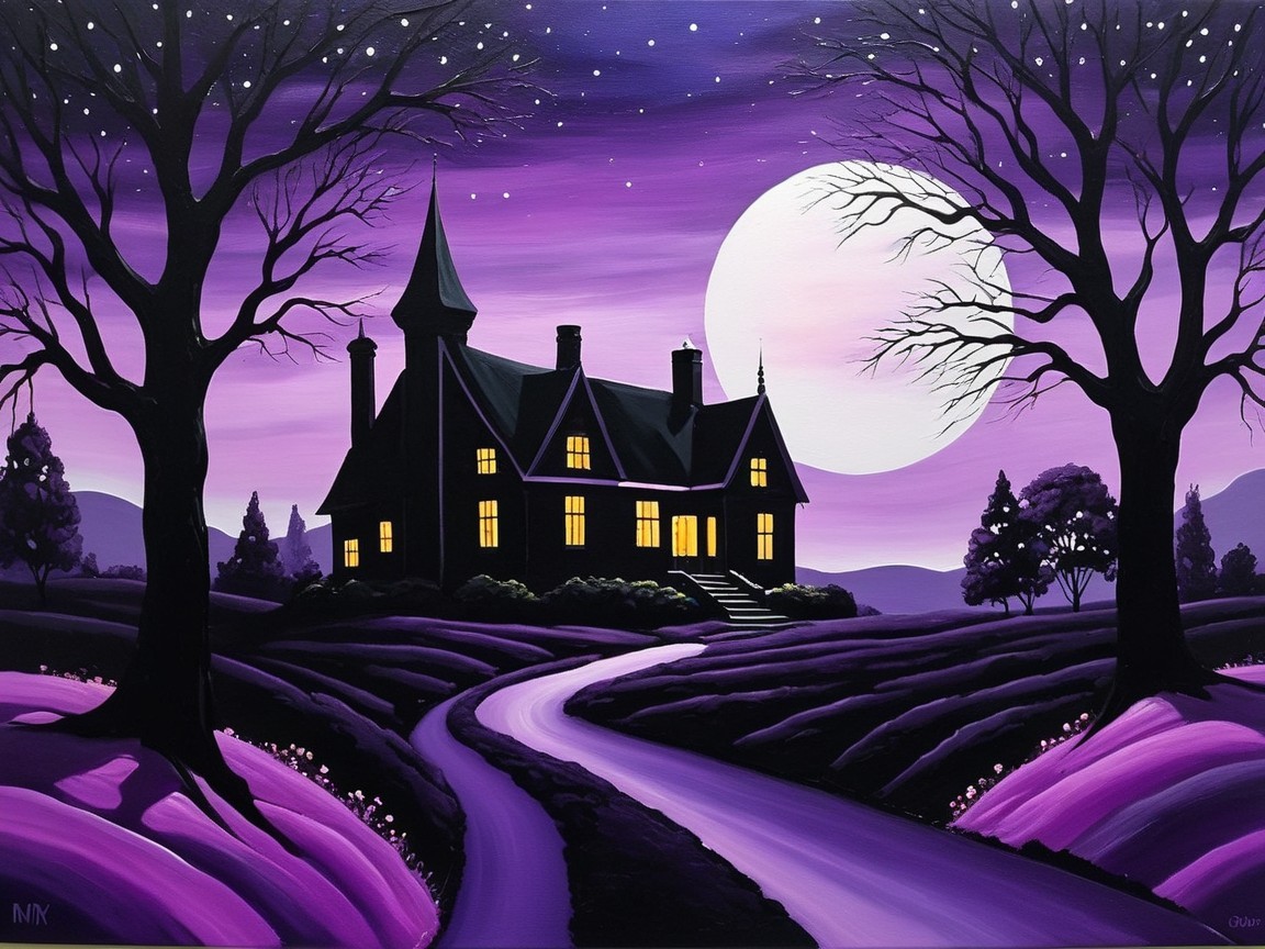 Mystical Landscape with Dark House and Purple Sky