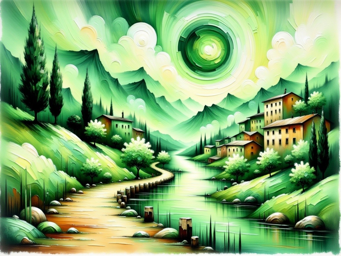 Vibrant Landscape with Hills, Houses, and River