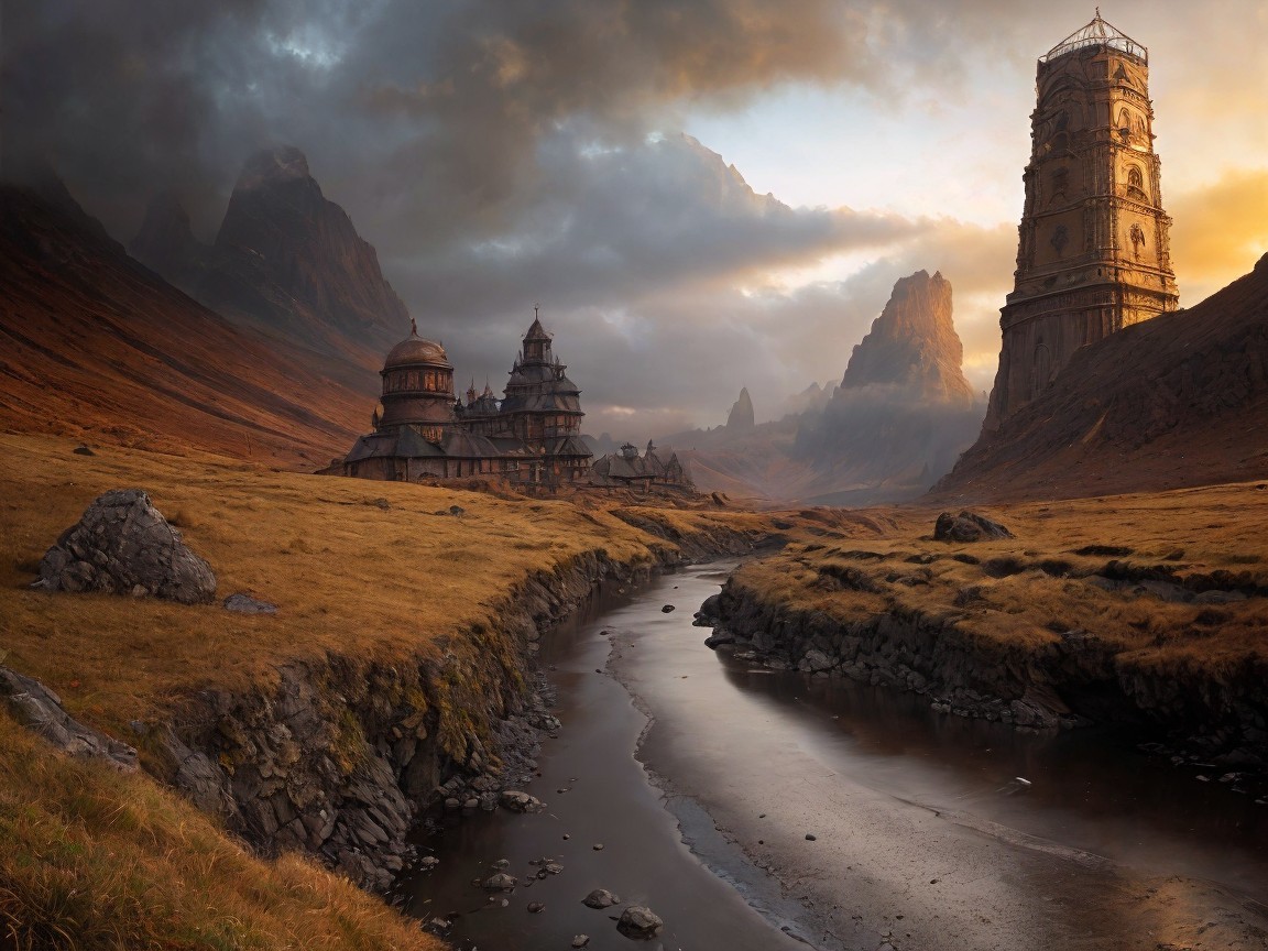 Dramatic Landscape with Mountains and Ancient Structures