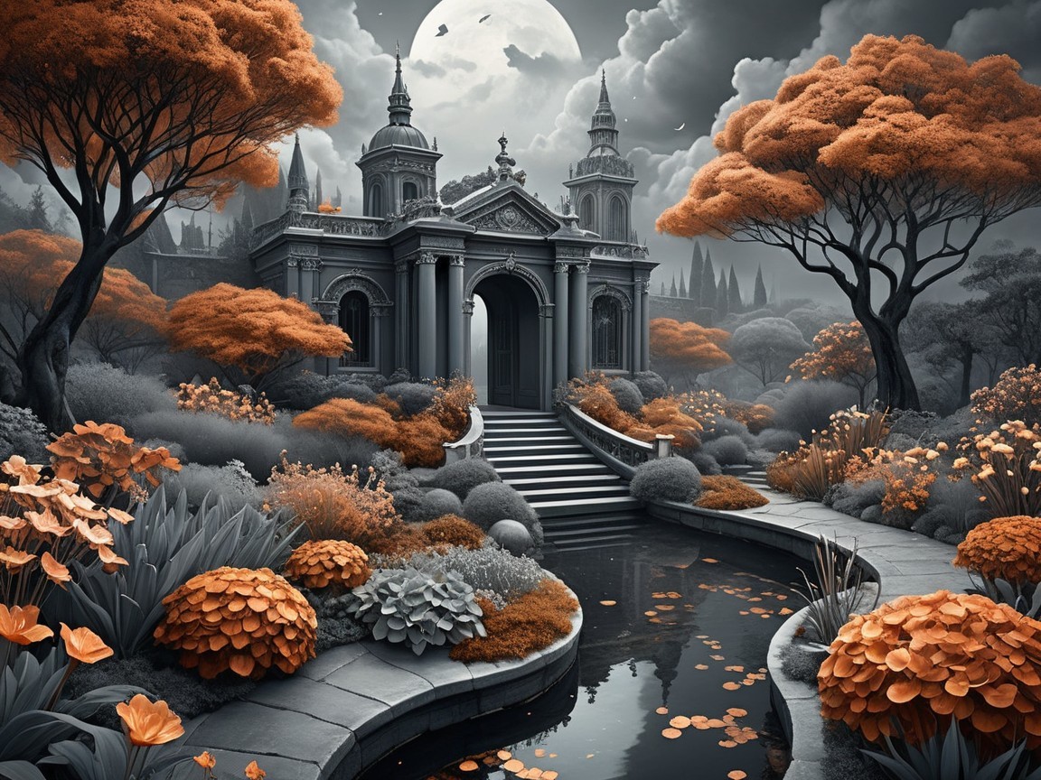 Nocturnal garden with château and tranquil pond scene