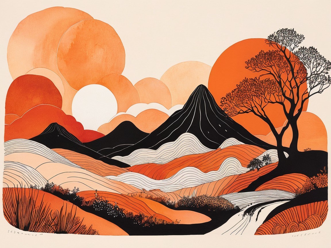 Vibrant Stylized Landscape with Mountain and Sun