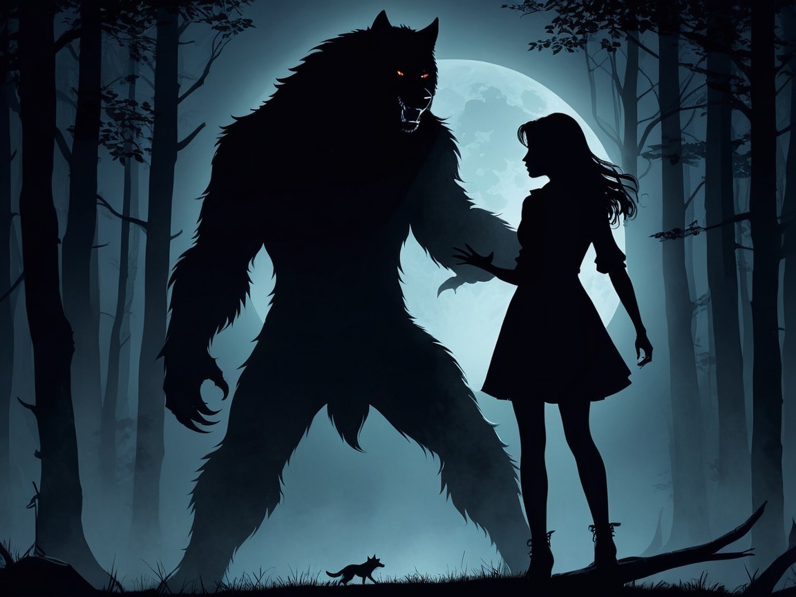 Werewolf and Woman Encounter in Moonlit Forest