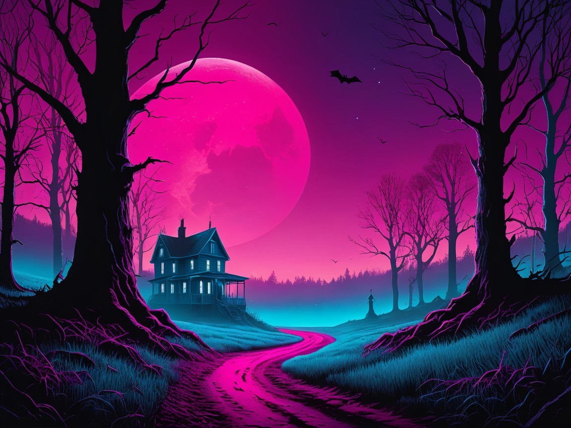 Victorian House Under Pink Moon in Eerie Landscape