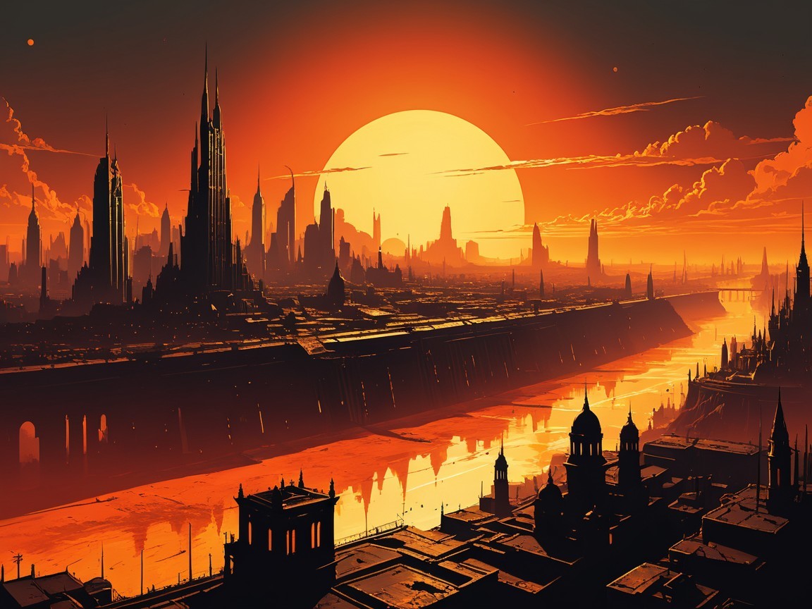 Futuristic cityscape illuminated by a vibrant sunset