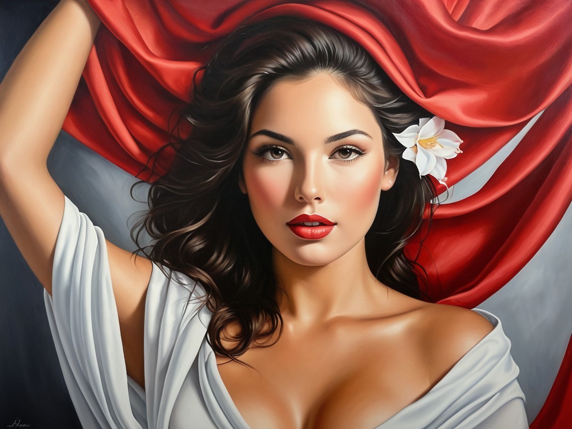 Portrait of a woman with dark hair and red fabric