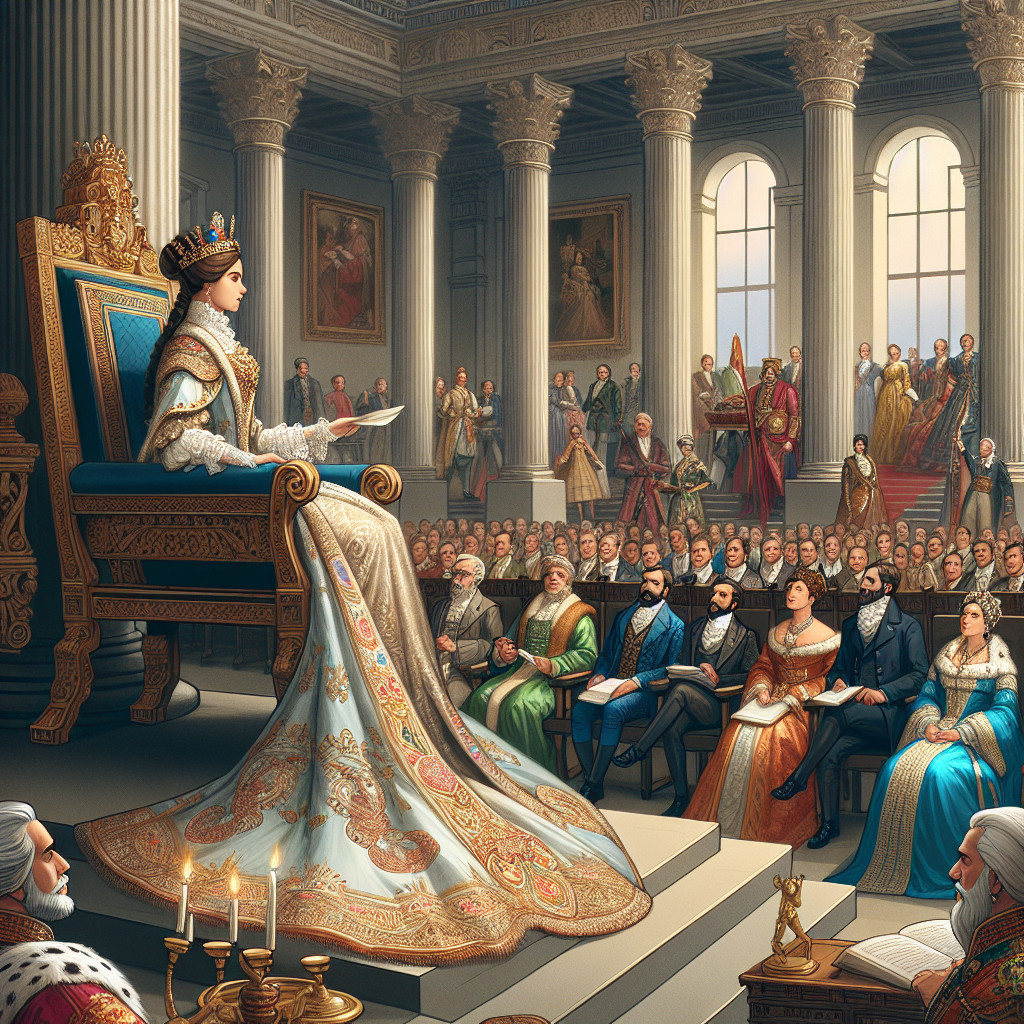 Regal Woman in Opulent Throne Room with Nobles