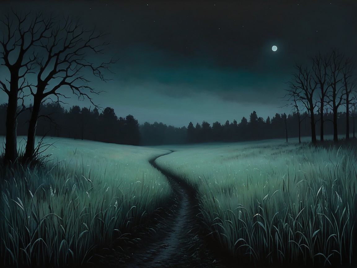 Moonlit Landscape with Winding Path and Tall Grass