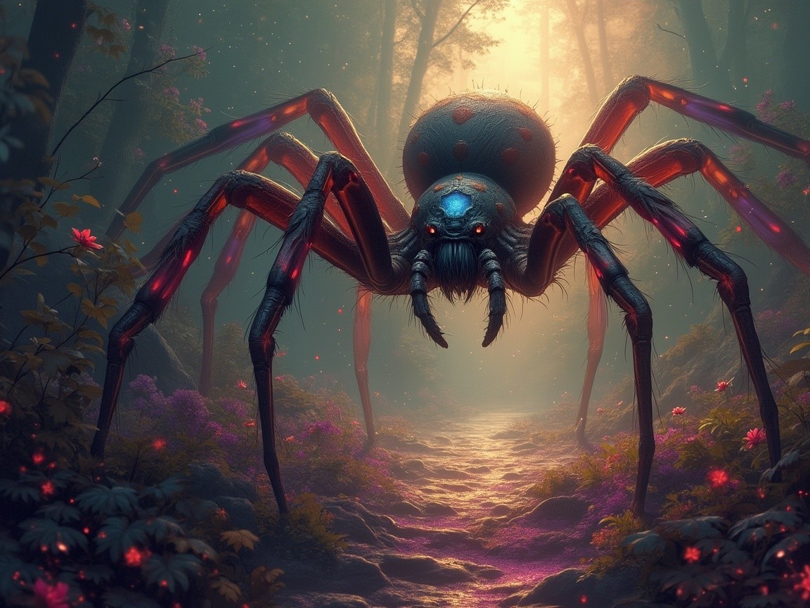 Giant Spider in Misty Forest with Ethereal Light