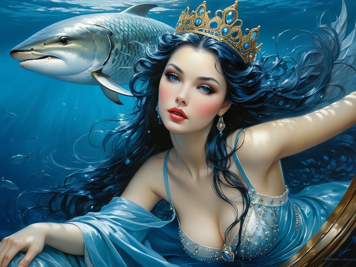 Underwater Scene with Mermaid and Marine Life