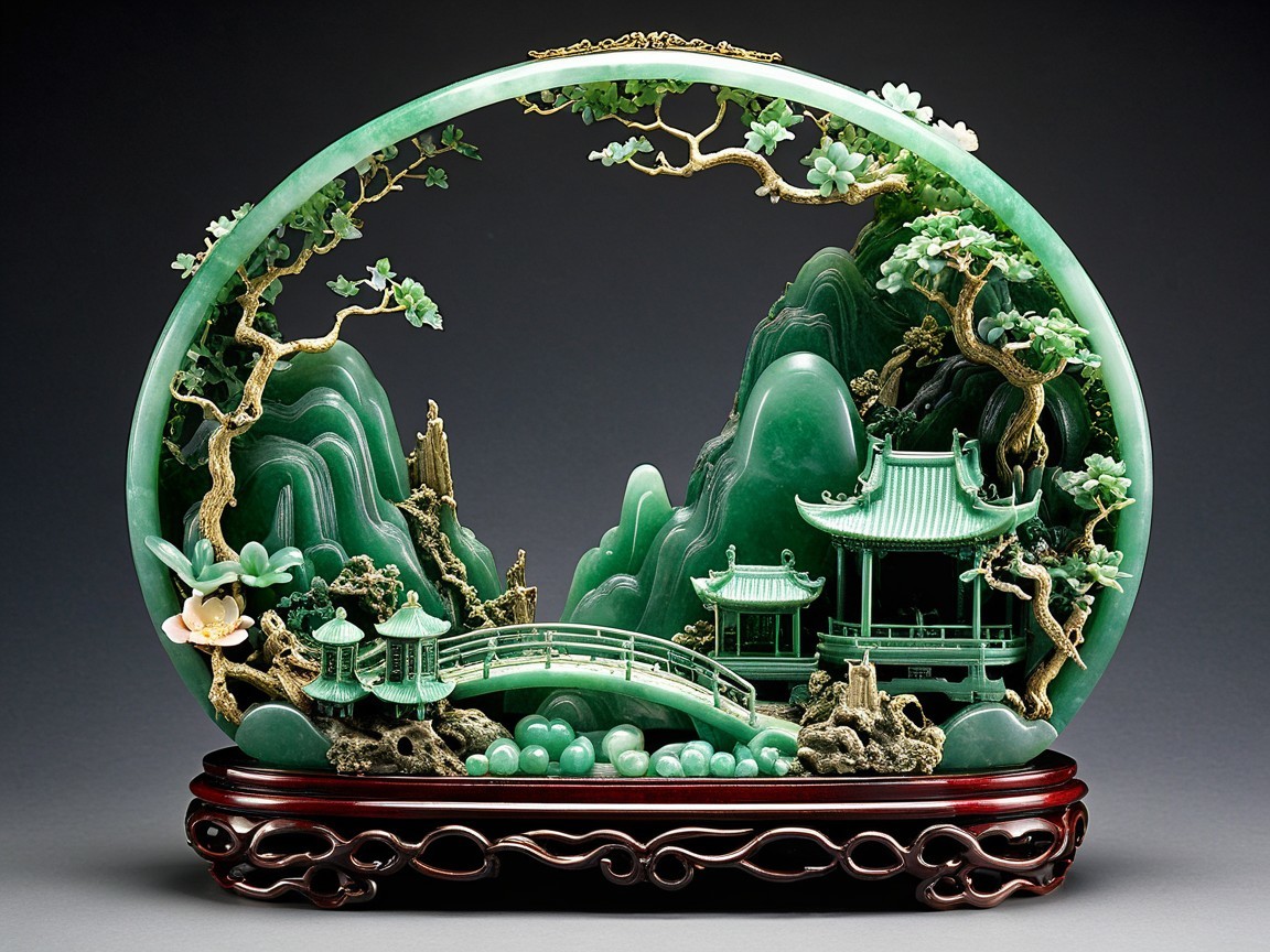Jade Sculpture of Serene Landscape with Pagodas and Bridge