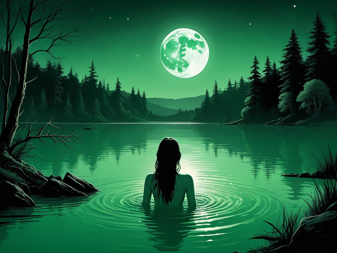 Moonlit Scene of Woman Wading in Green Lake