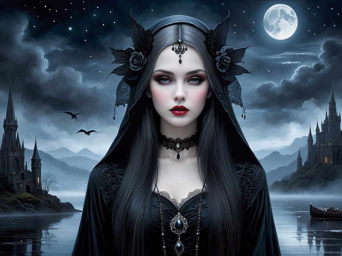 Gothic Figure in Mystical Landscape with Castles
