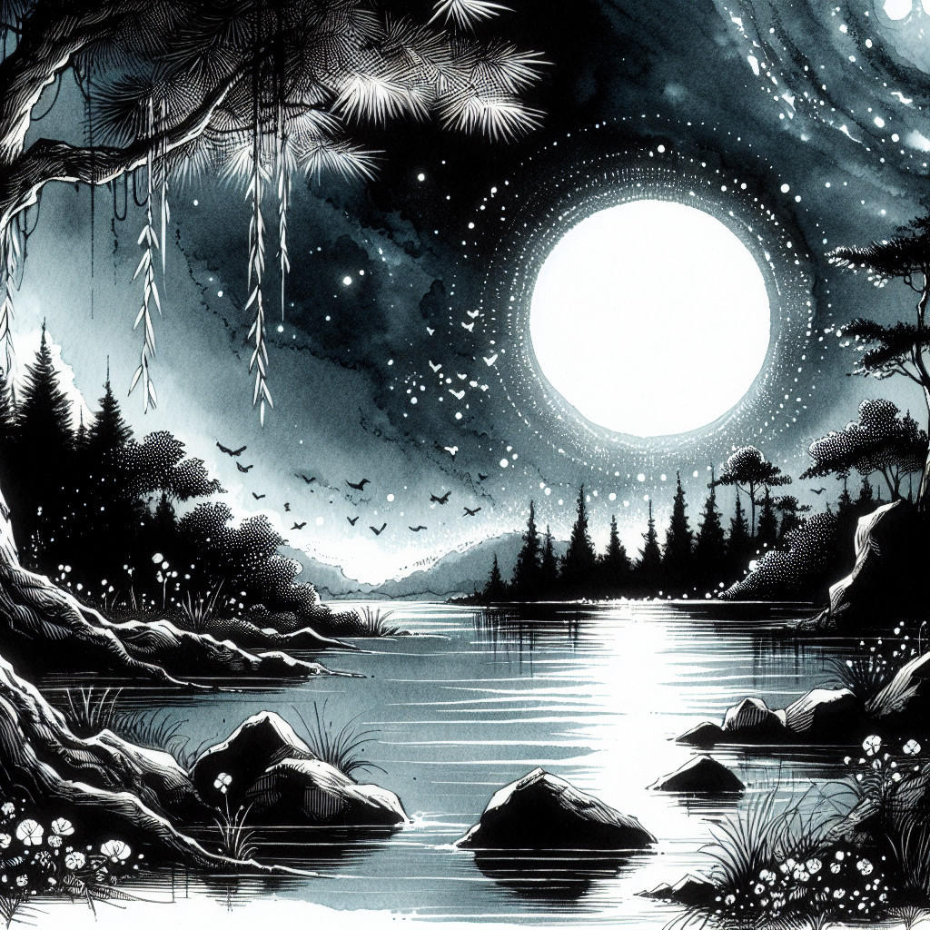 Black-and-White Landscape with River and Moonlight