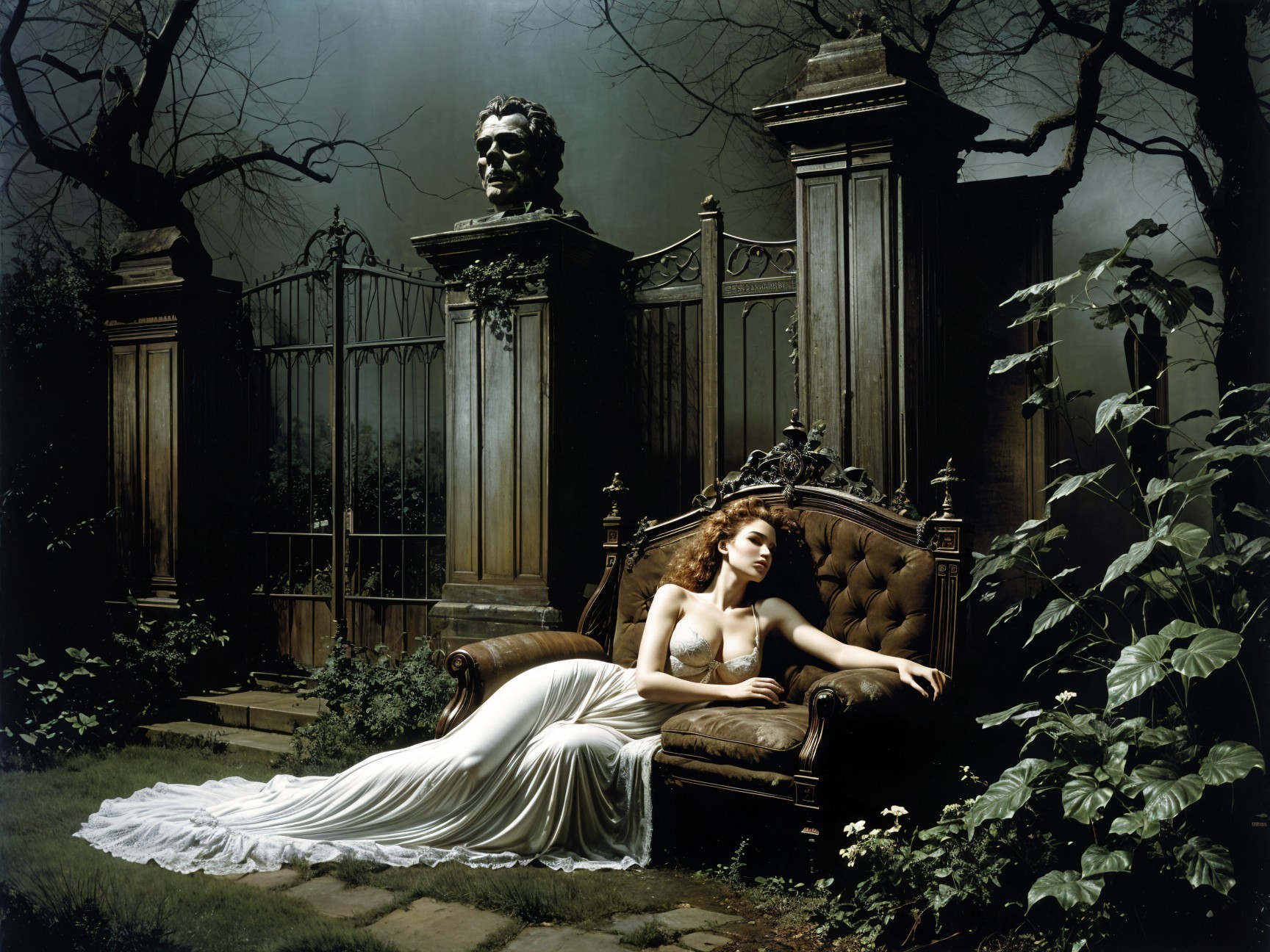 Woman in White Gown in Eerie Garden Setting