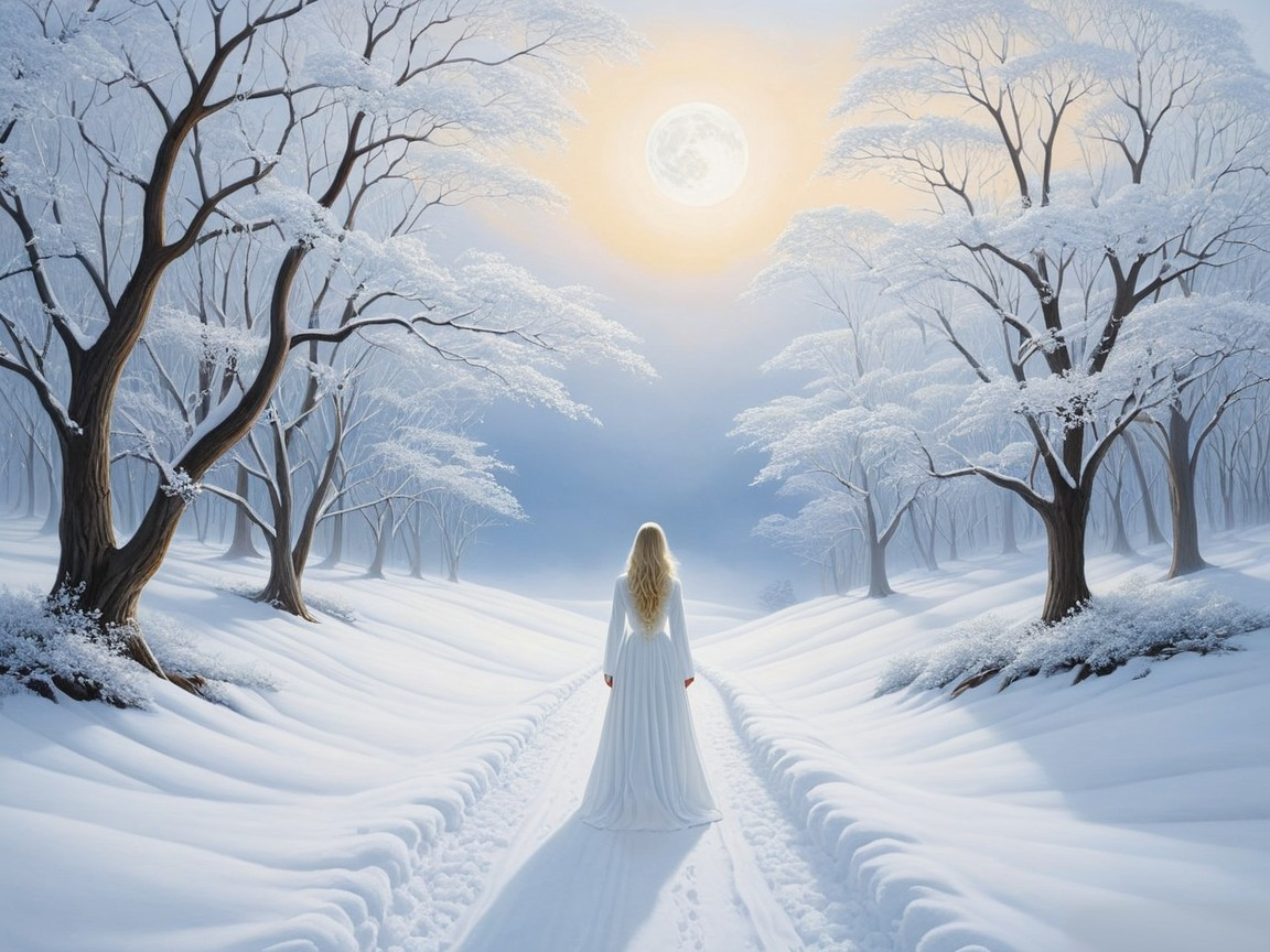 Winter Scene of Woman in Snowy Forest Path