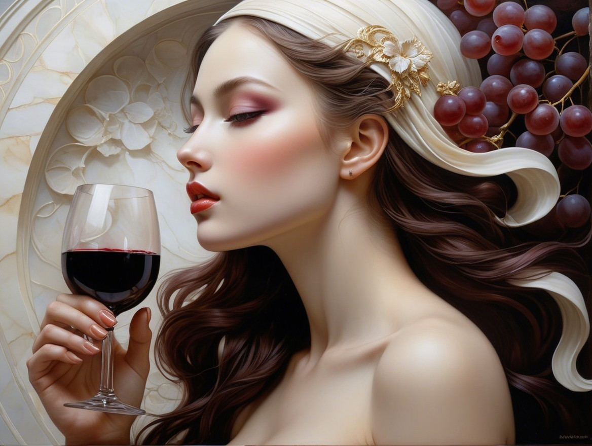 Serene Woman with Wine and Lush Grapes Background
