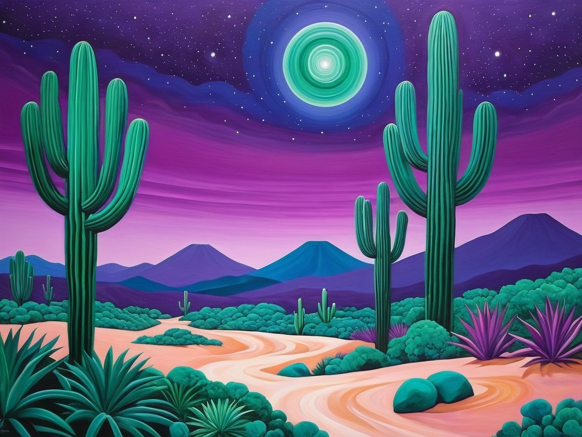 Desert Landscape with Mountains and Green Moon