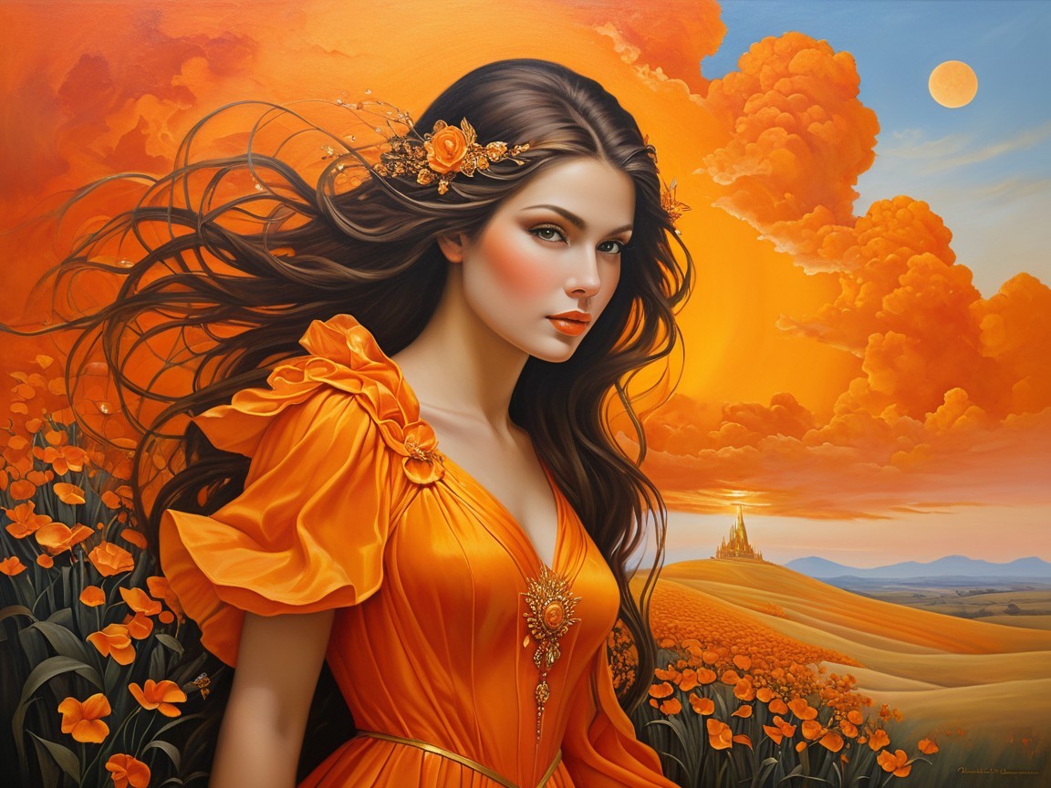 Vibrant Sunset with Woman in Orange Dress and Poppies
