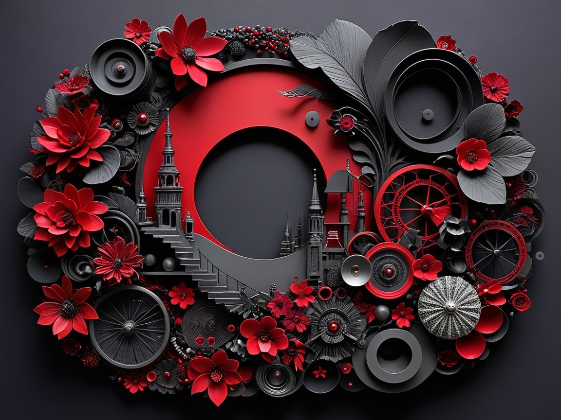 Mixed Media Artwork with Red and Black Elements