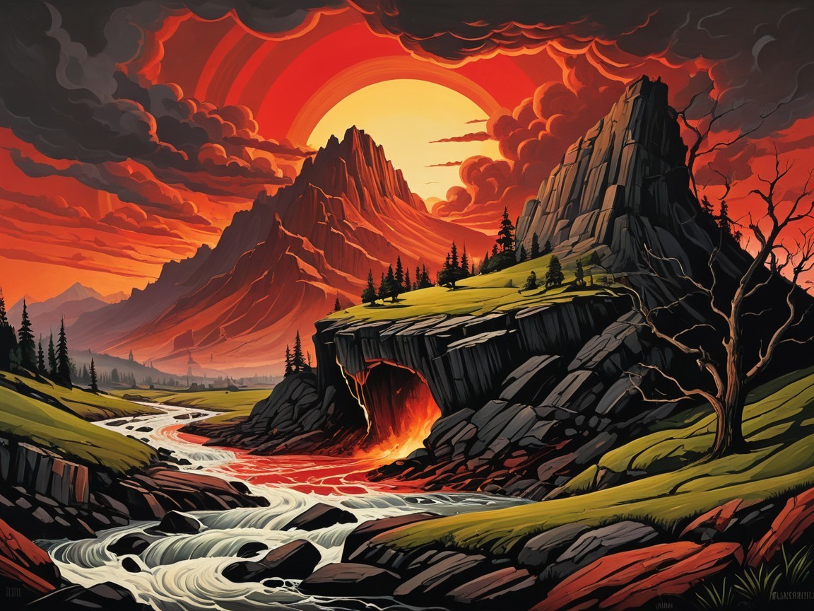 Dramatic Mountains and Fiery Sunset Landscape Scene