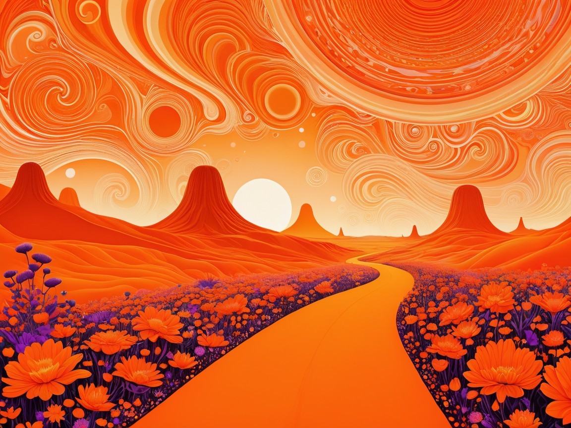 Surreal Orange Landscape with Rolling Hills and Peaks
