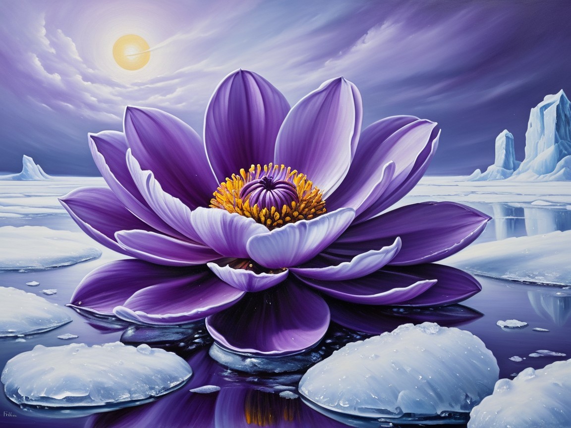 Detailed Painting of Purple Water Lily on Dark Water