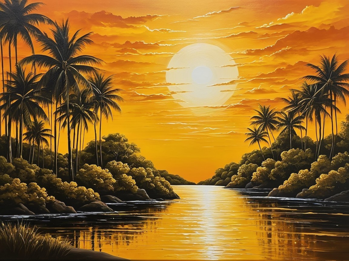 Tranquil Sunset Over River with Lush Greenery