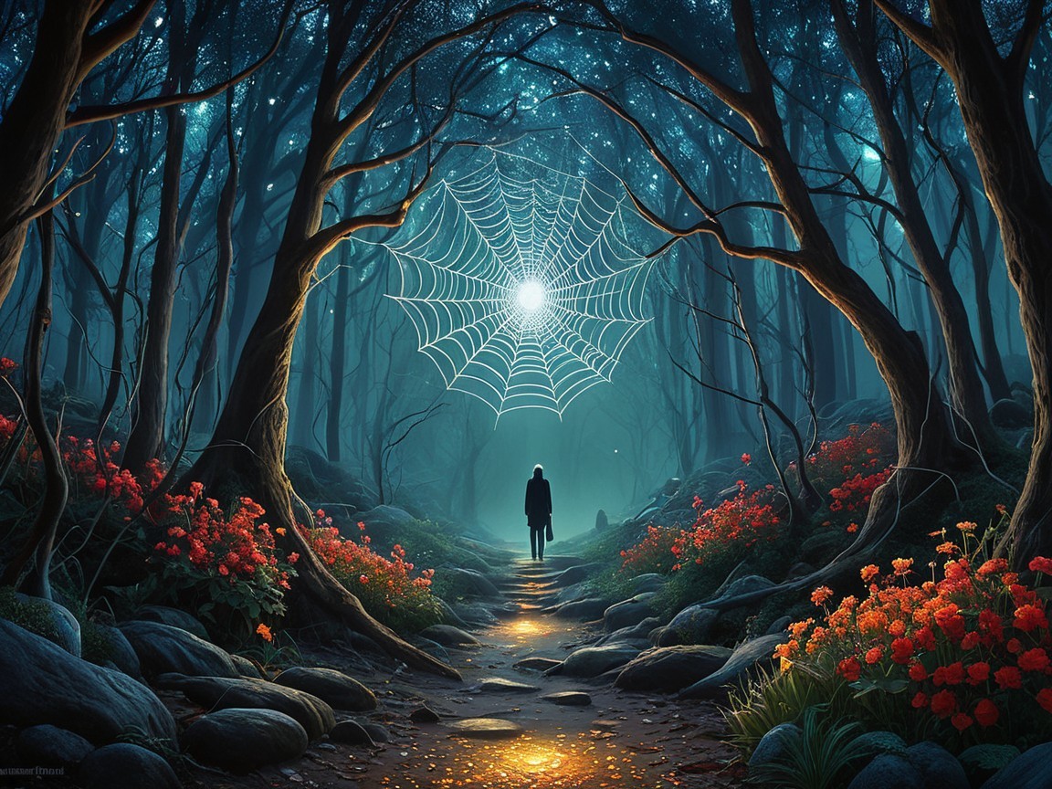 Mystical Forest Scene with Glowing Path and Web