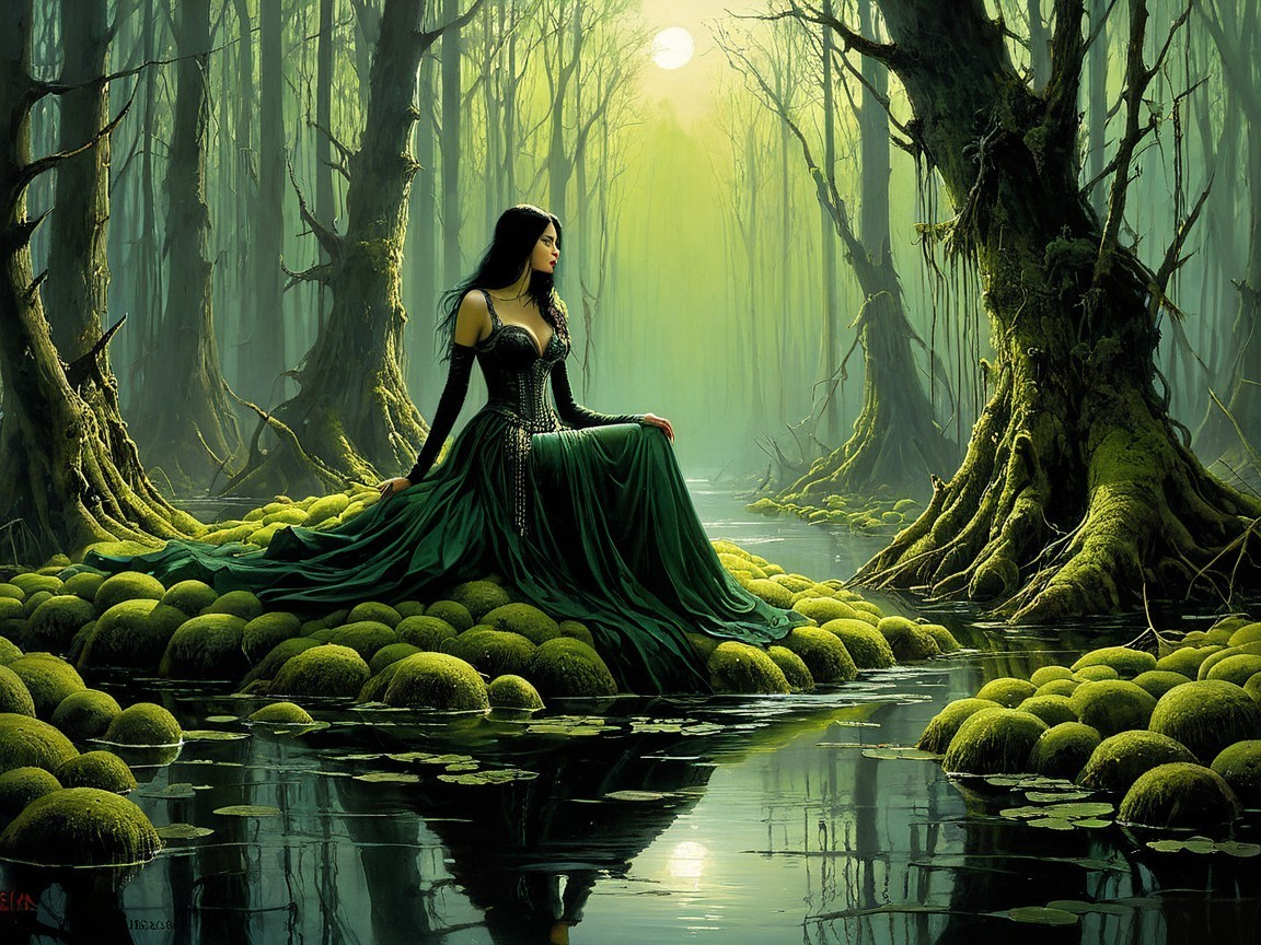 Mystical Swamp Scene with Enchanting Green Gown