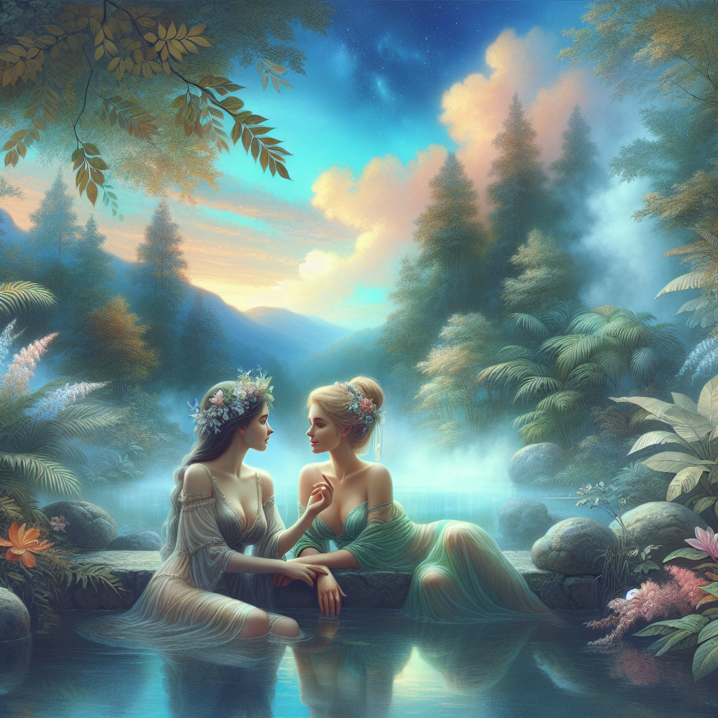 Enchanting Figures by a Tranquil Pond at Twilight
