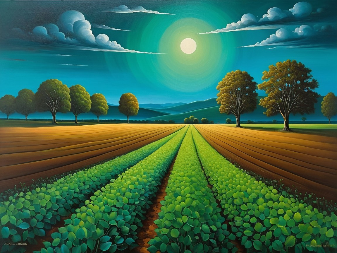 Vibrant Landscape Painting with Lush Green Fields