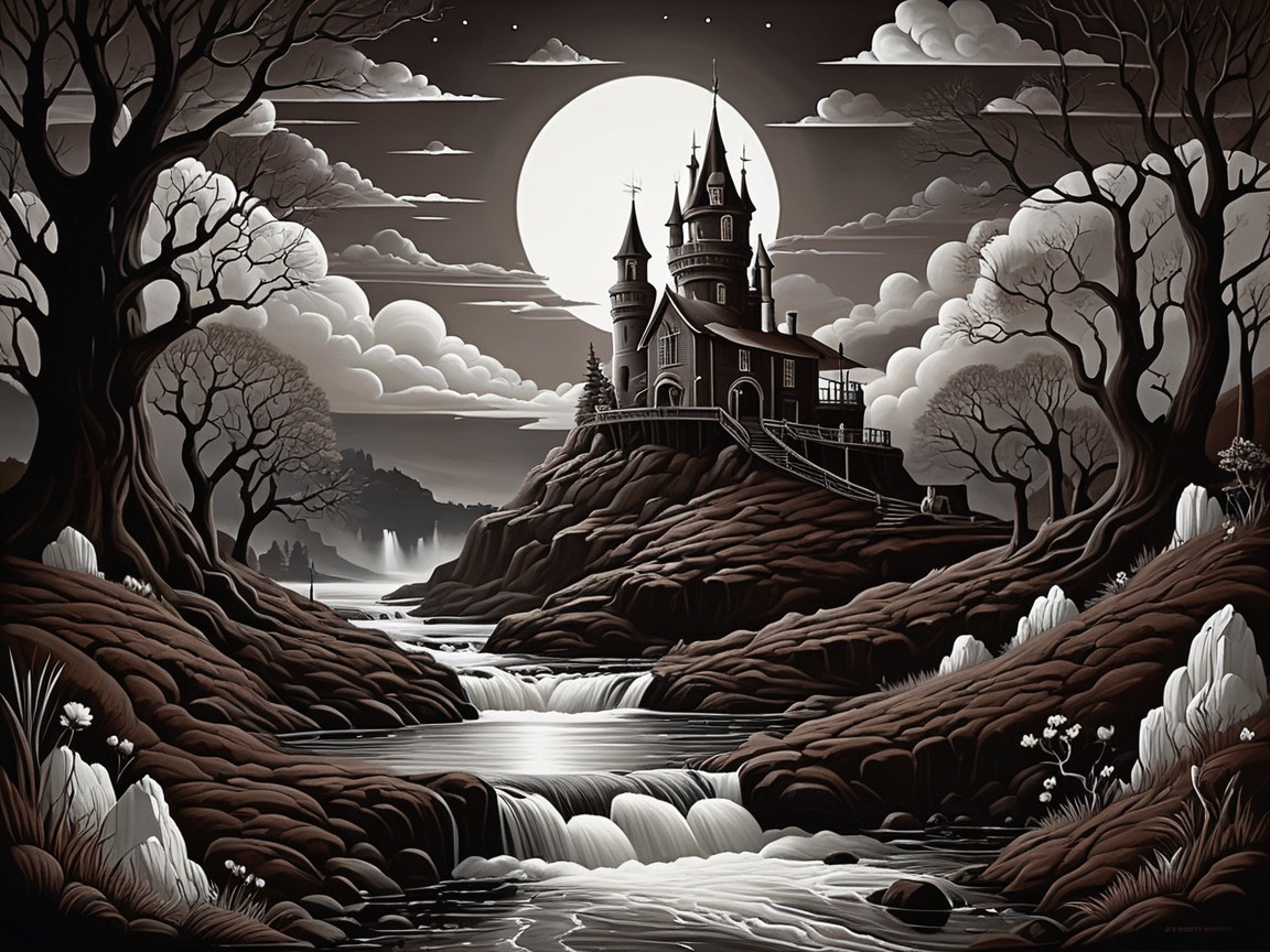 Mystical Landscape with Castle and Serene Stream