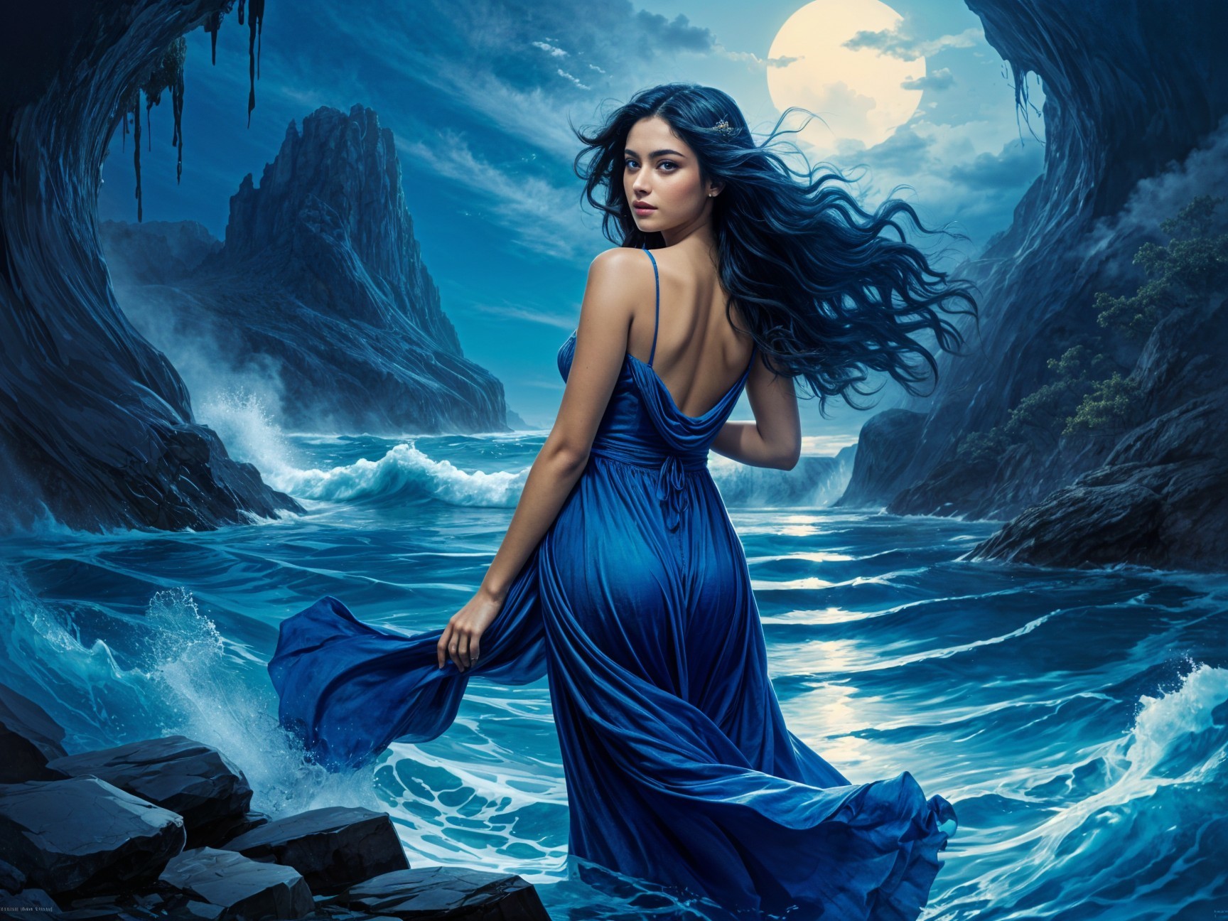 Young woman in blue dress at rocky shore by moonlight