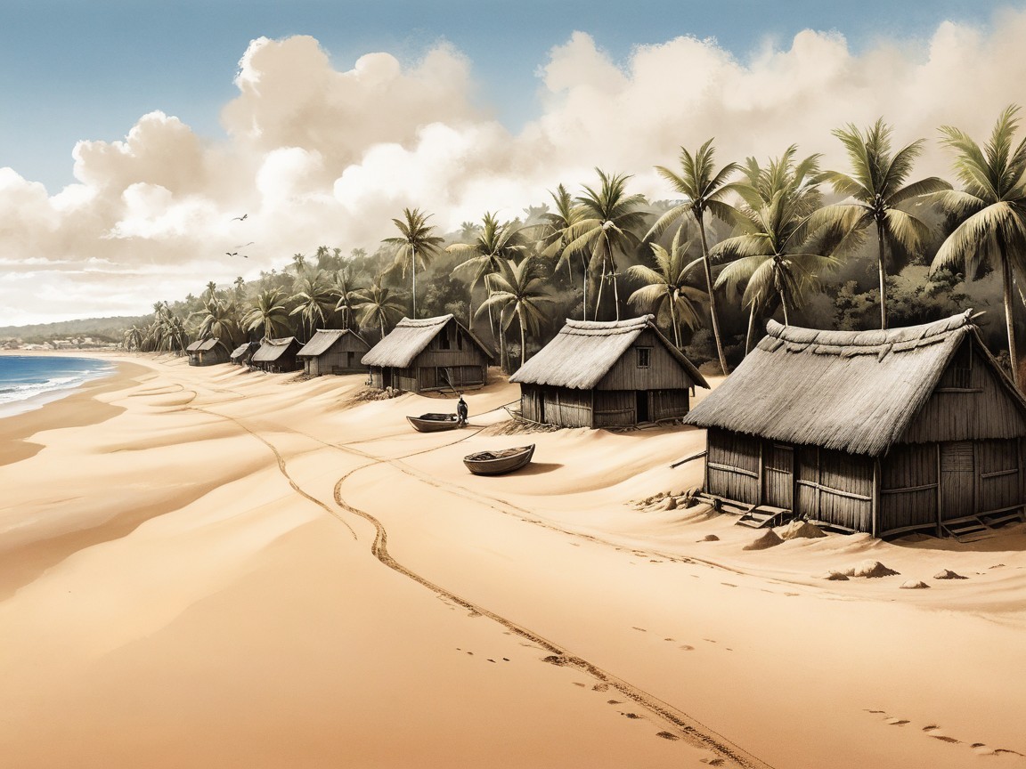 Serene Beach Scene with Thatched Huts and Palm Trees