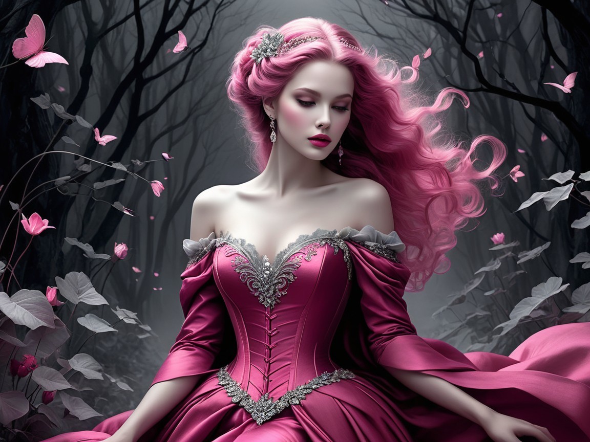 Young woman in pink gown in enchanting forest setting