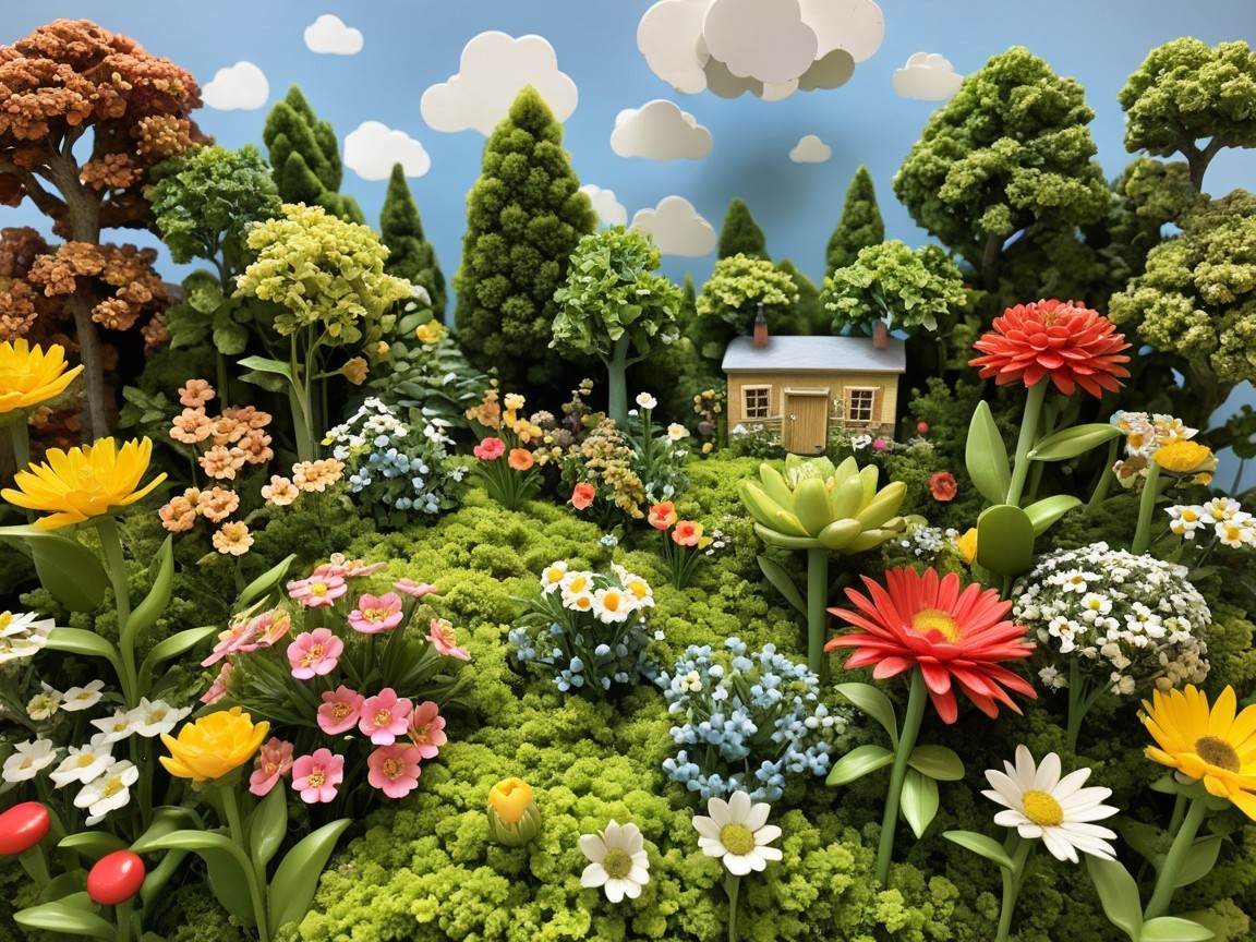 Vibrant Miniature Landscape with Colorful Flowers and House