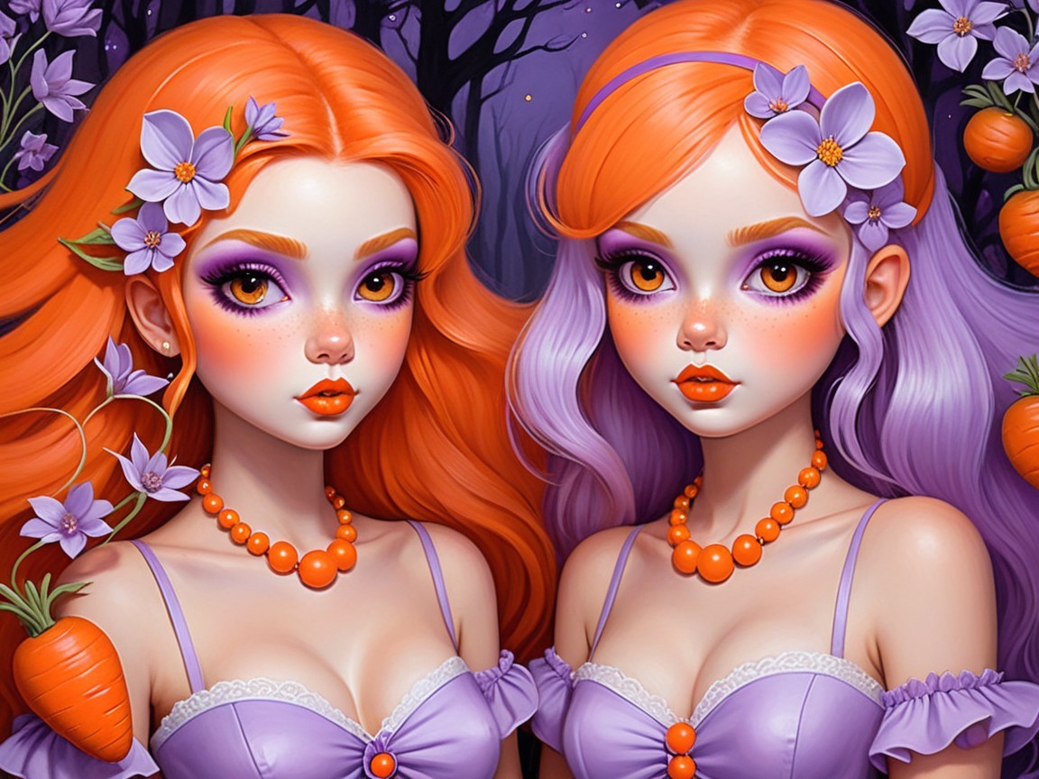 Girls with Orange and Purple Hair in Whimsical Setting