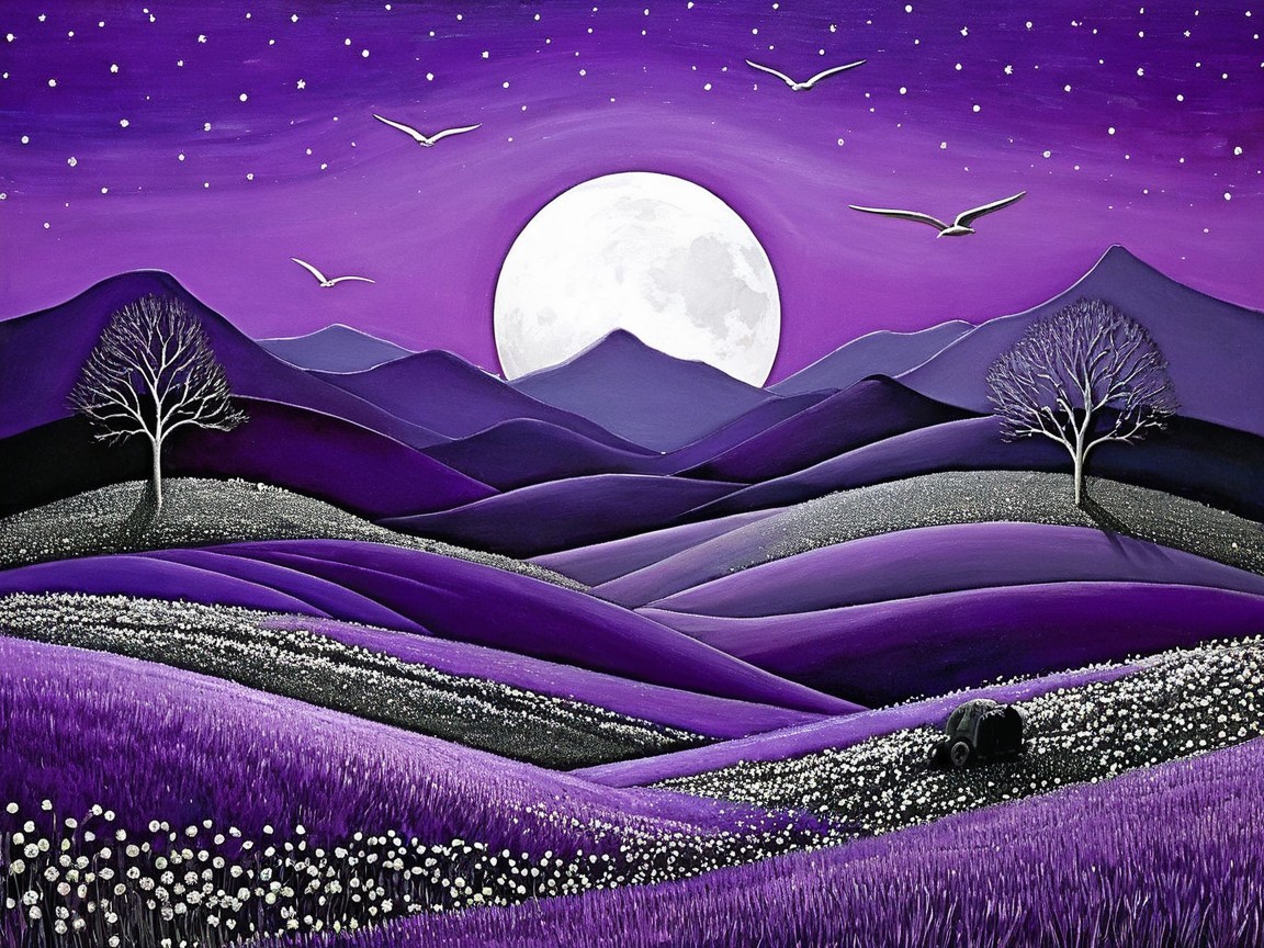 Serene Landscape with Purple Hills and Starry Sky