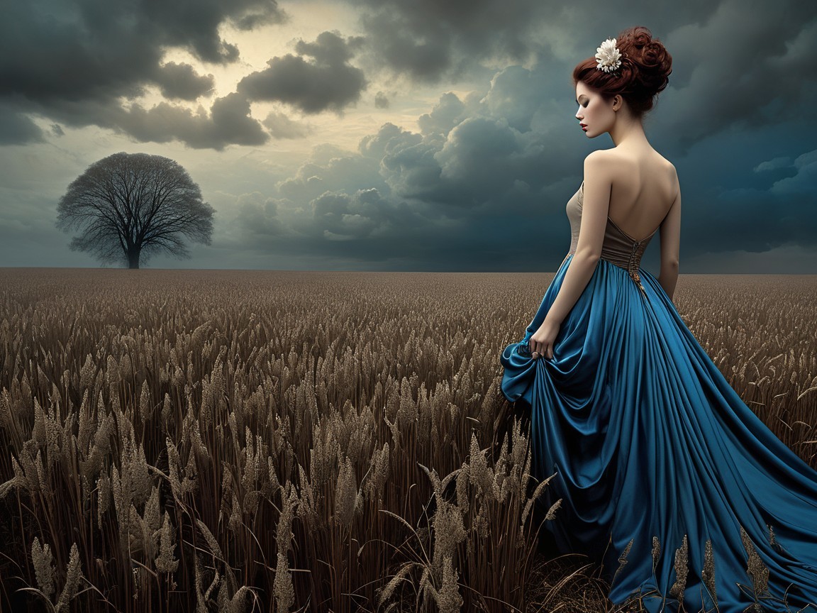 Woman in Blue Gown in Wheat Field Under Dark Sky