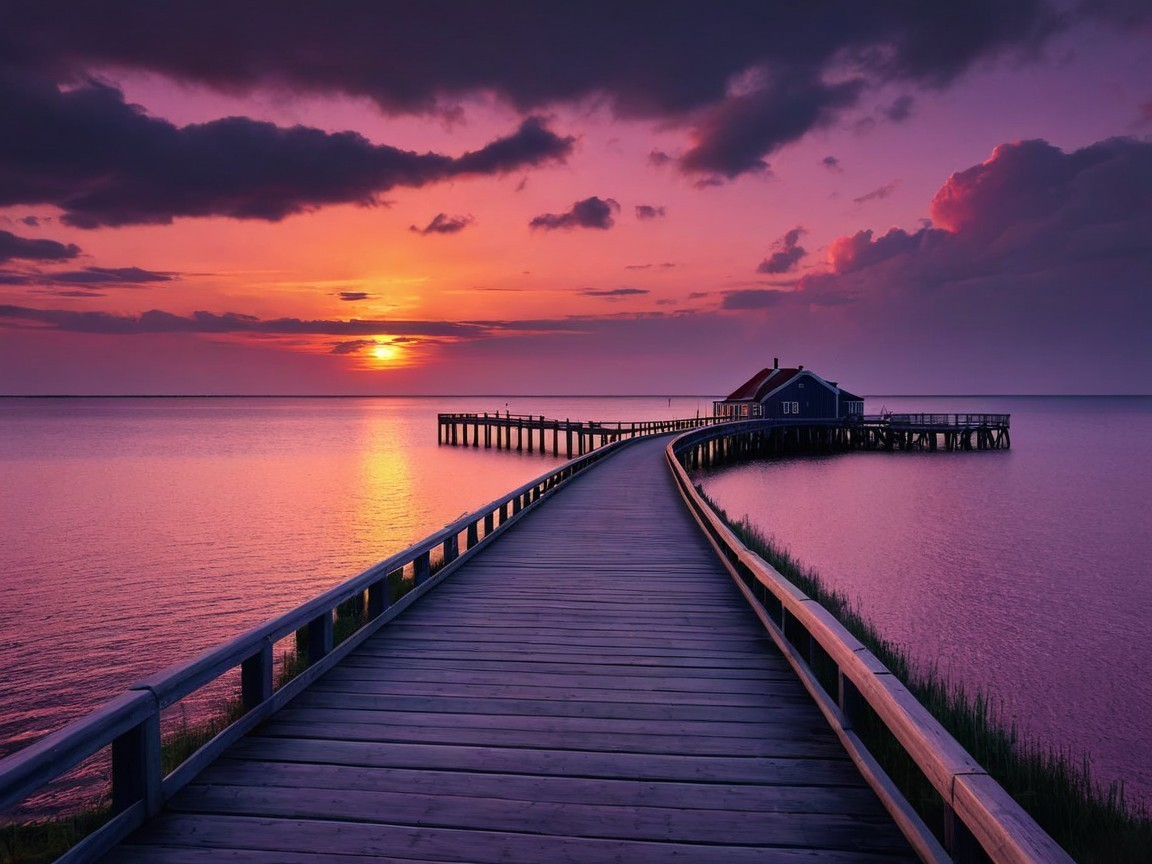 Wooden Pier and Blue House at Sunset Reflection