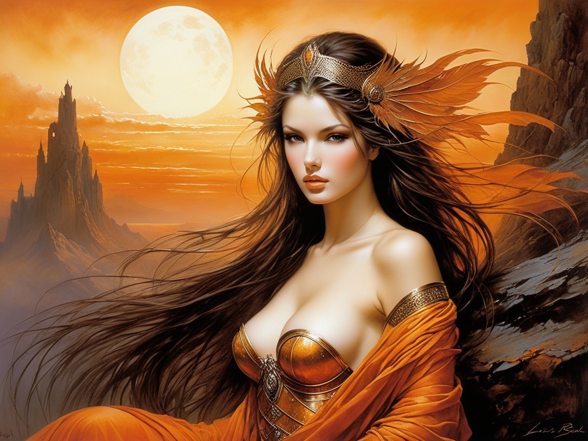 Woman in Gold Crown Against Fantasy Landscape