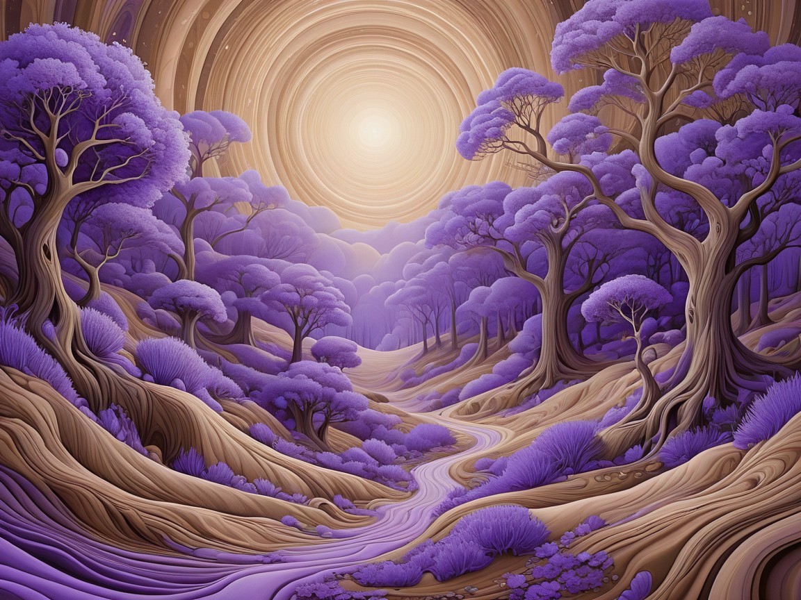 Surreal Landscape with Purple Trees and Winding River