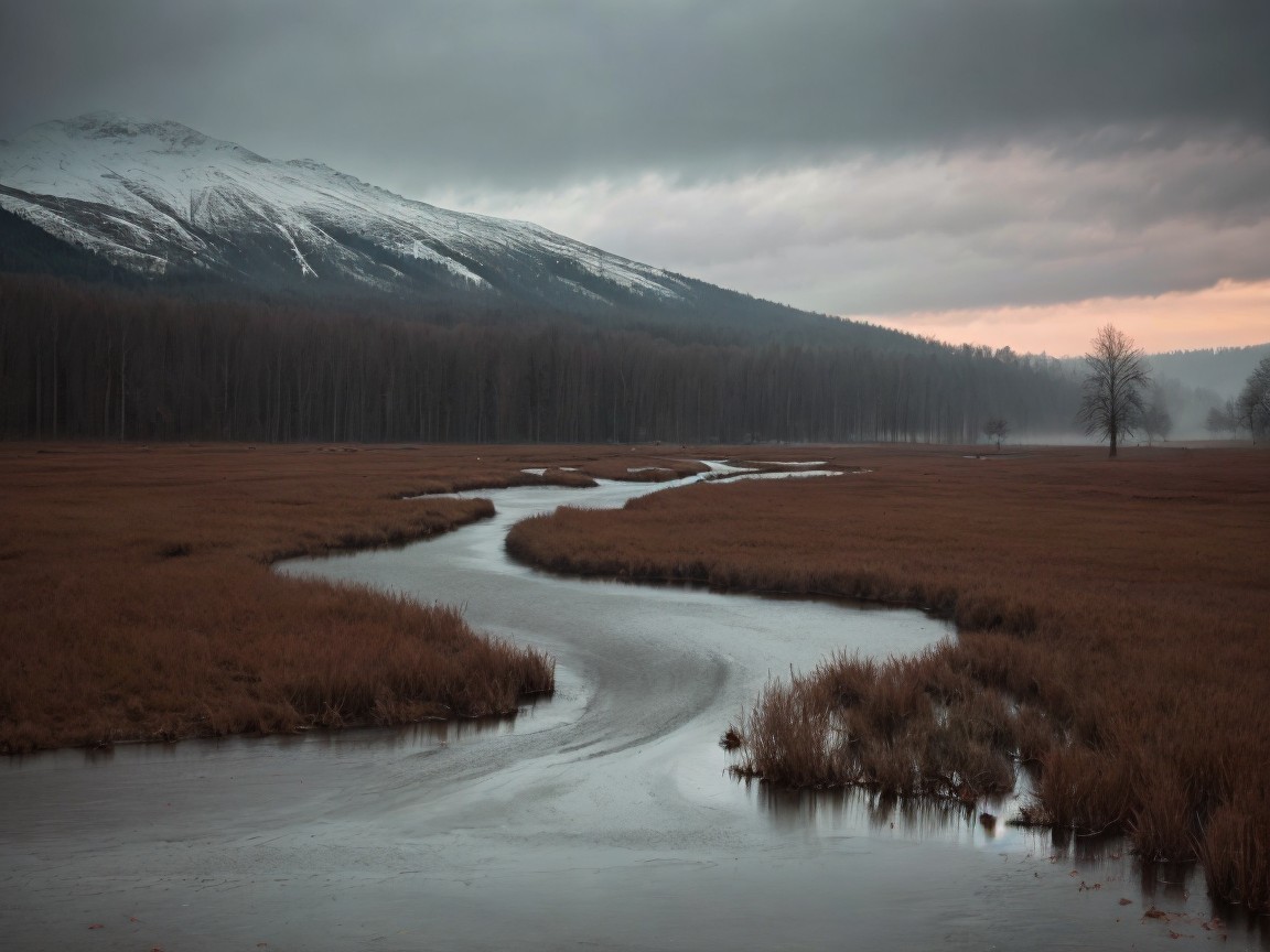 Serene landscape with river, marsh, and mountains