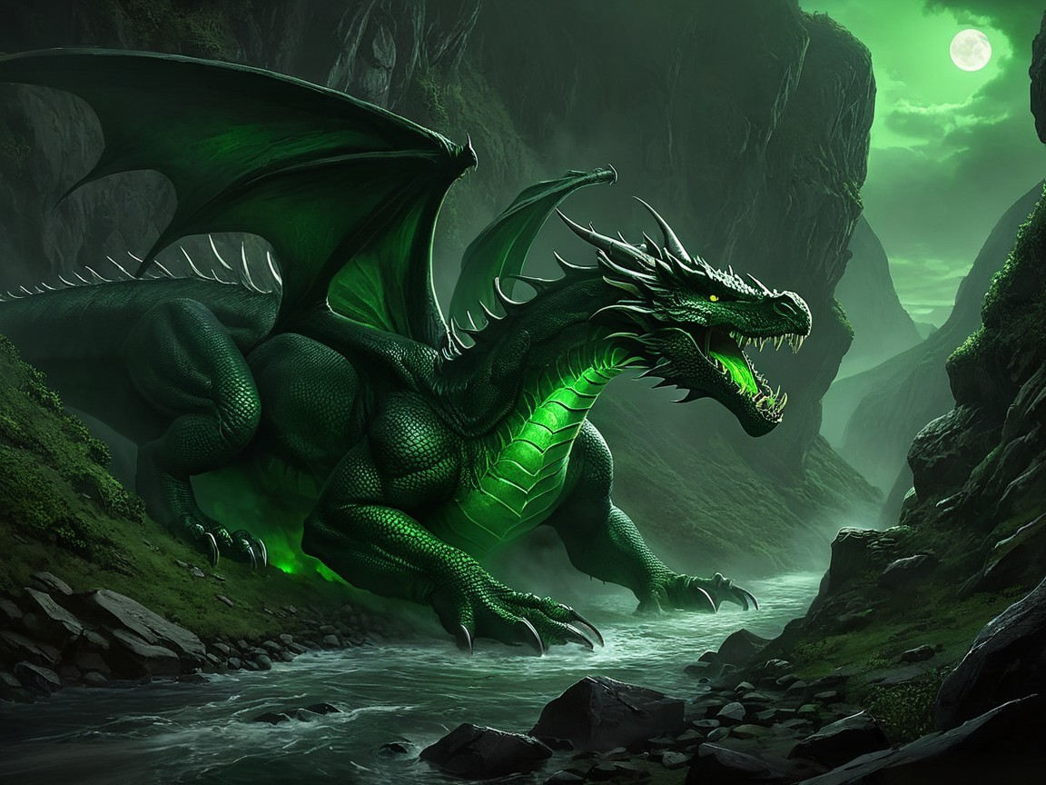 Majestic green dragon in misty valley at moonlight