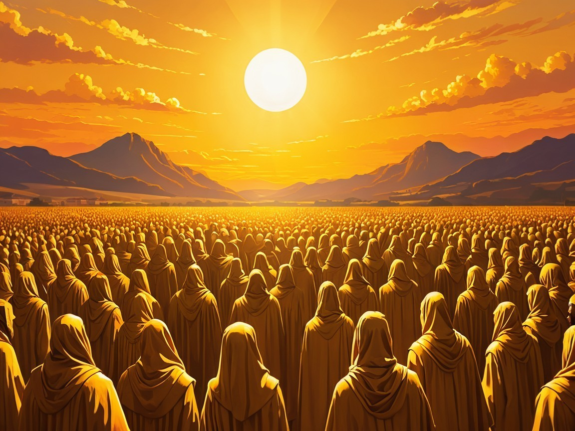 Crowd of Robed Figures Beneath Orange Sunrise