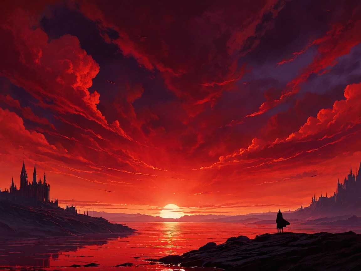 Dramatic Sunset Over Water with Silhouetted Figure