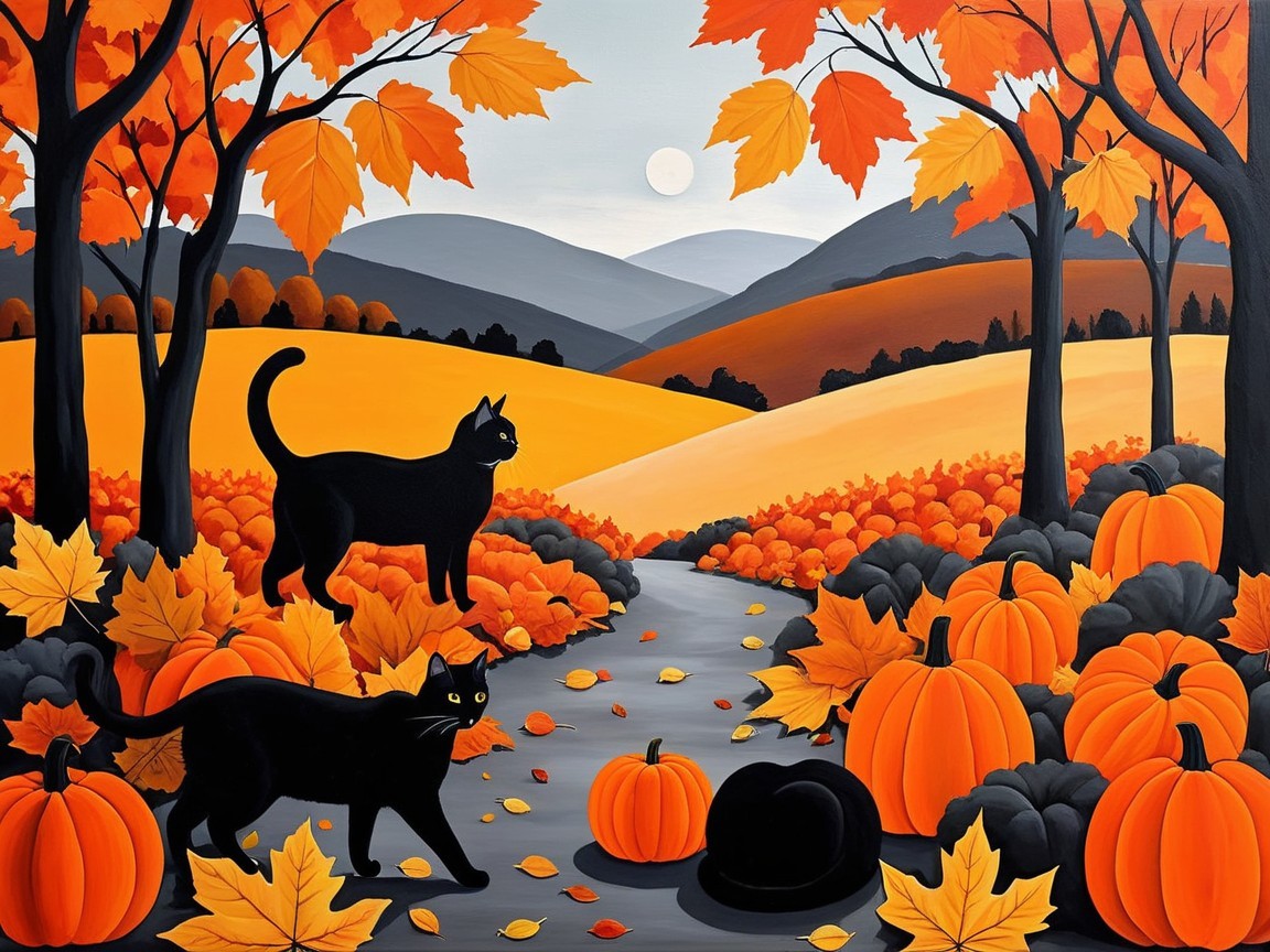 Autumn Landscape with Cats and Vibrant Foliage