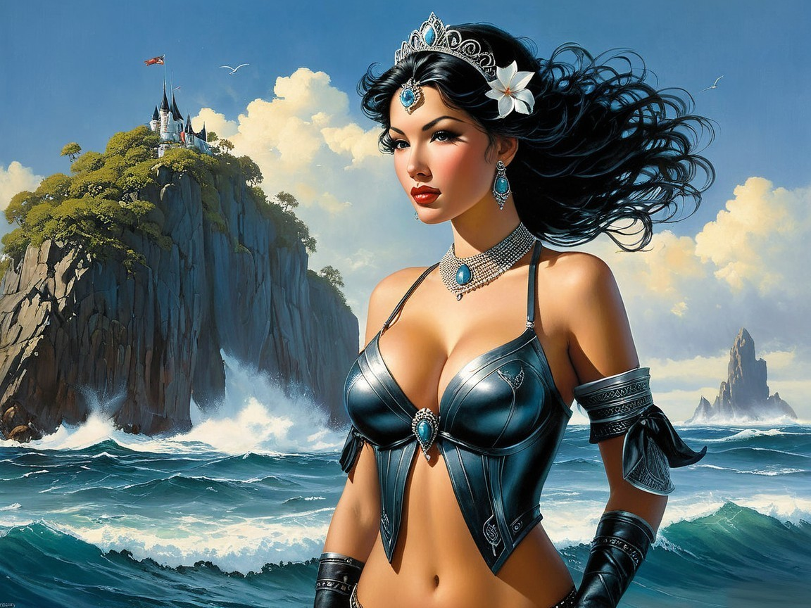 Confident Woman in Black Armor by Ocean and Castle