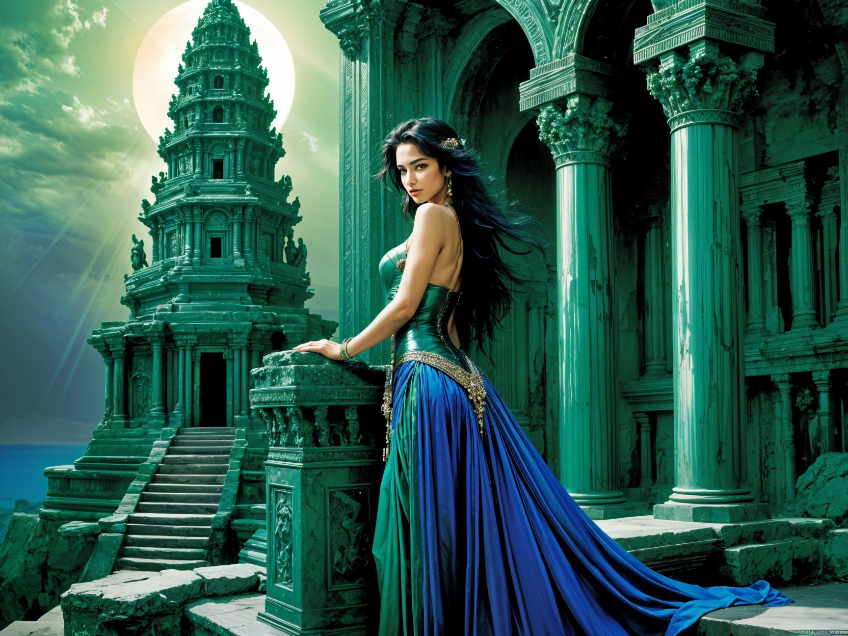 Mystical figure in ancient temple with dramatic sky