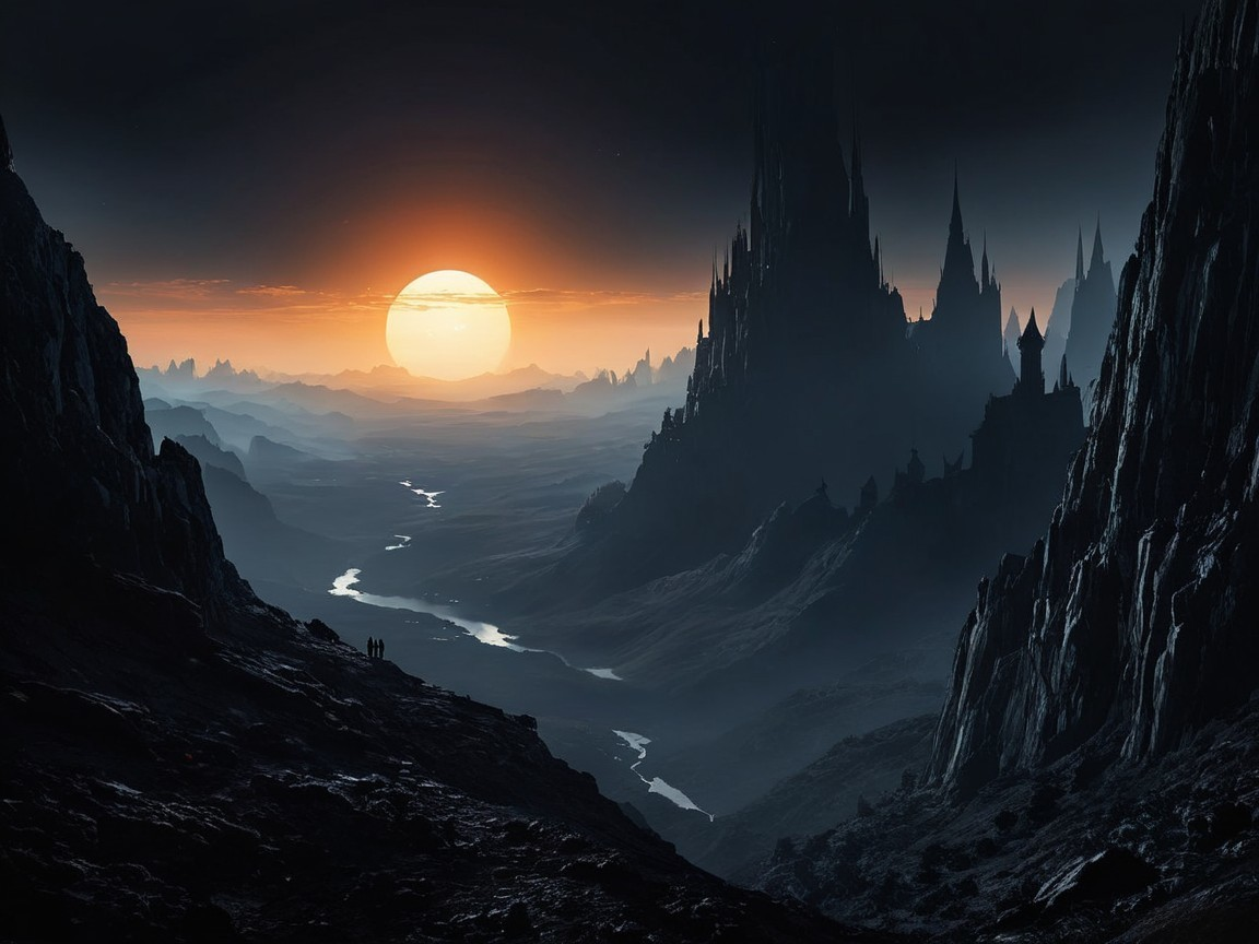 Dramatic Landscape with Sunset, Mountains, and Castle